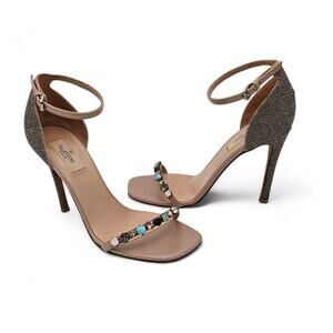 Valentino Garavani Heel Sandals Beige Leather Stones Jewels Size 38.5 US 8.5